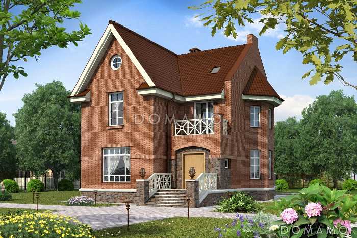 Проект дома с эркером, открытой террасой, балконом, гостиной с камином, гостевыми на мансардном этаже