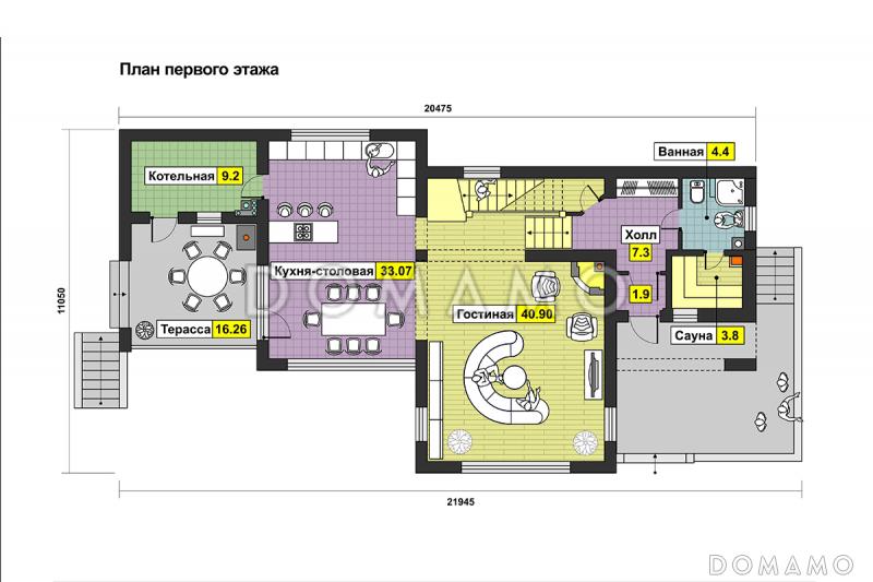 Проект дома с панорамными окнами, просторной гостиной и кухней-столовой, сауной, кабинетом на мансардном этаже, балконом и лоджией / План 1 этажа