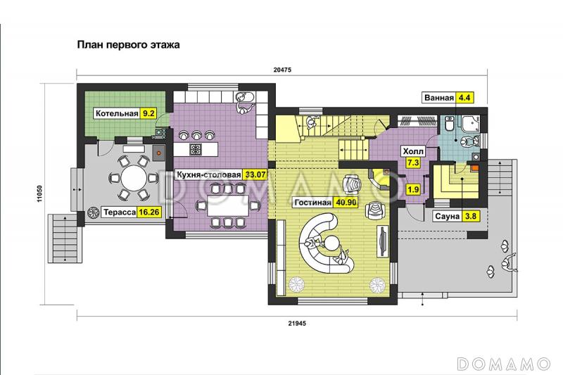 Проект дома с панорамными окнами, просторной гостиной и кухней-столовой, сауной, кабинетом на мансардном этаже, балконом и лоджией / План 1 этажа