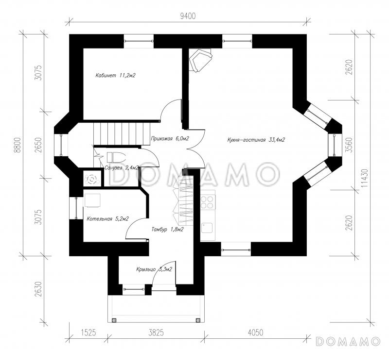 Проект экономичного коттеджа с остеклённым балконом. / План 1 этажа