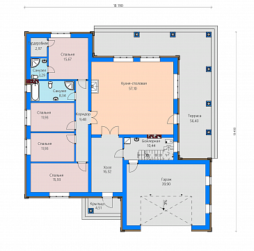 Проект одноэтажного дома с террасой и гаражом, просторной кухней-столовой, хозяйской спальней  / План 1 этажа