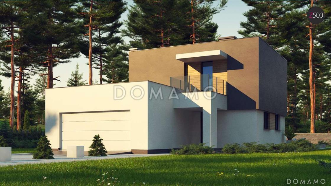 Проект современного двухэтажного дома из газобетона в стиле кубизм с пристроенным гаражом для двух автомобилей  / 1