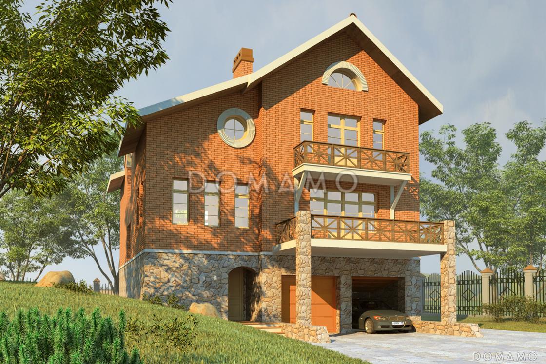 Проект трехэтажного дома с гаражом на две машины, сауной и камином / 1