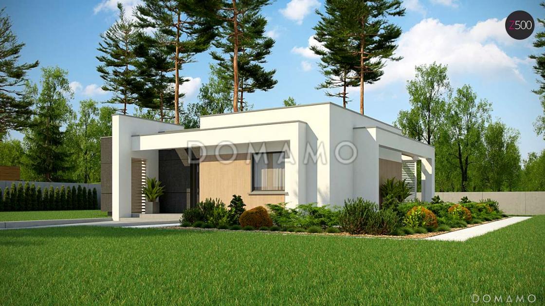 Проект компактного одноэтажного дома из газобетона с плоской крышей, с тремя спальнями и угловой крытой террасой / 3