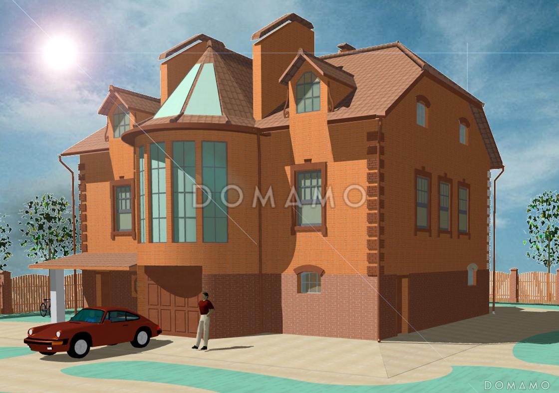 Проект двухэтажного дома с мансардой, с гаражом, с сауной, бассейном и вторым светом  / 1