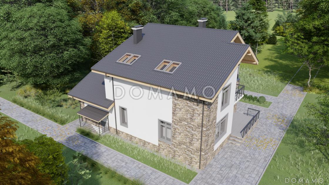 Проект двухэтажного дома из газобетона с двускатной крышей с подвалом, террасой и балконом / 4